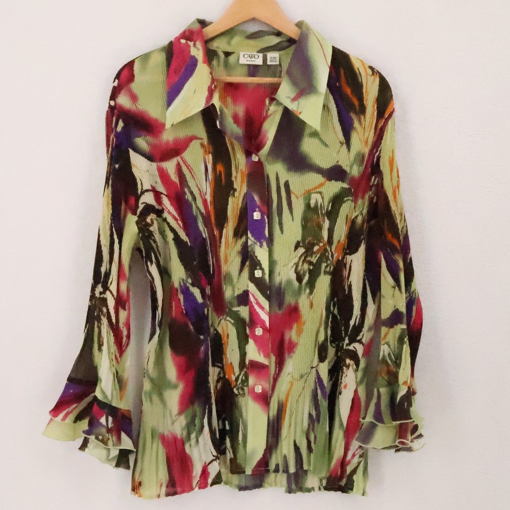 CATO Abstract Floral Pleated Button Top Size 14/16W Green Bell Sleeve Office